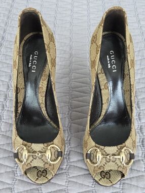 Gucci Brown GG Canvas Peep-Toe Heels with Gold Horsebit